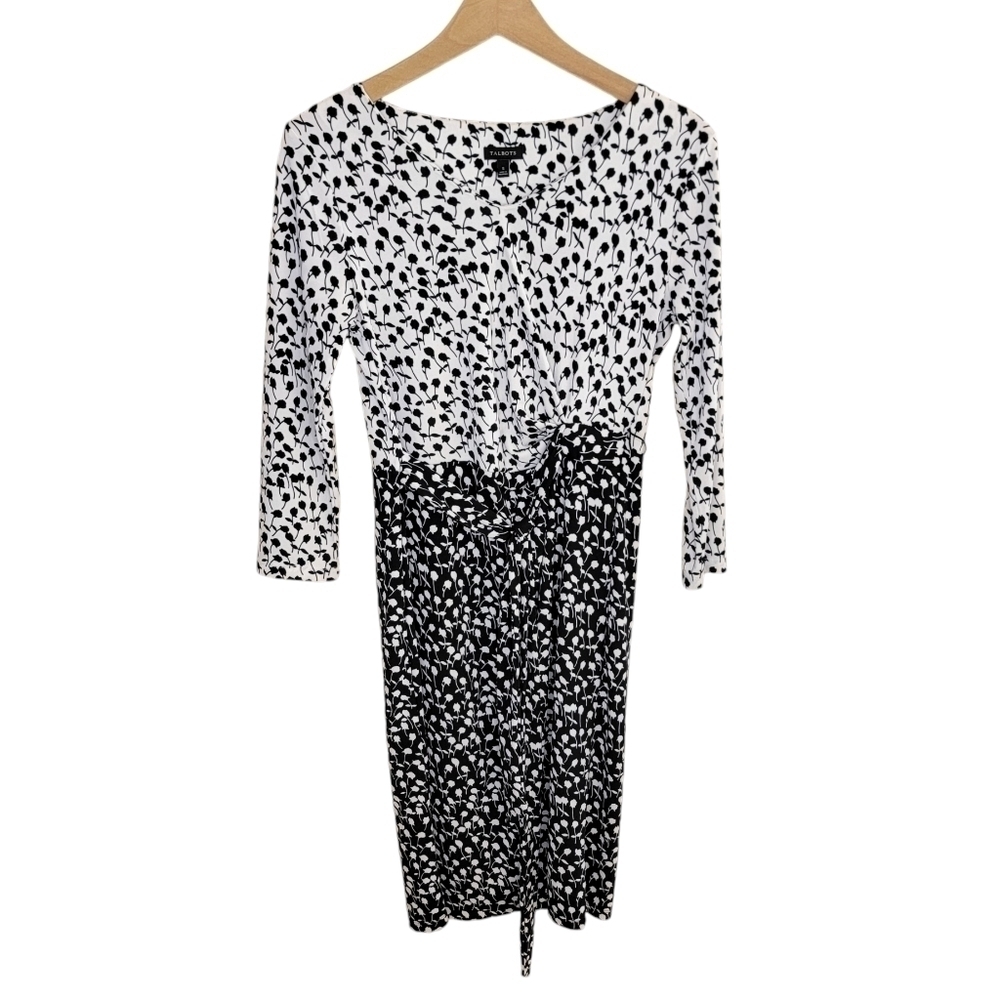 Talbots Black & White Sheath Dress with Attached Tie Waist Size Small